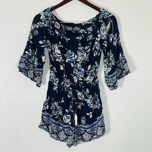 Angie Navy Blue Floral Romper w Elastic Waist & Neckline & Short Bell Sleeves L